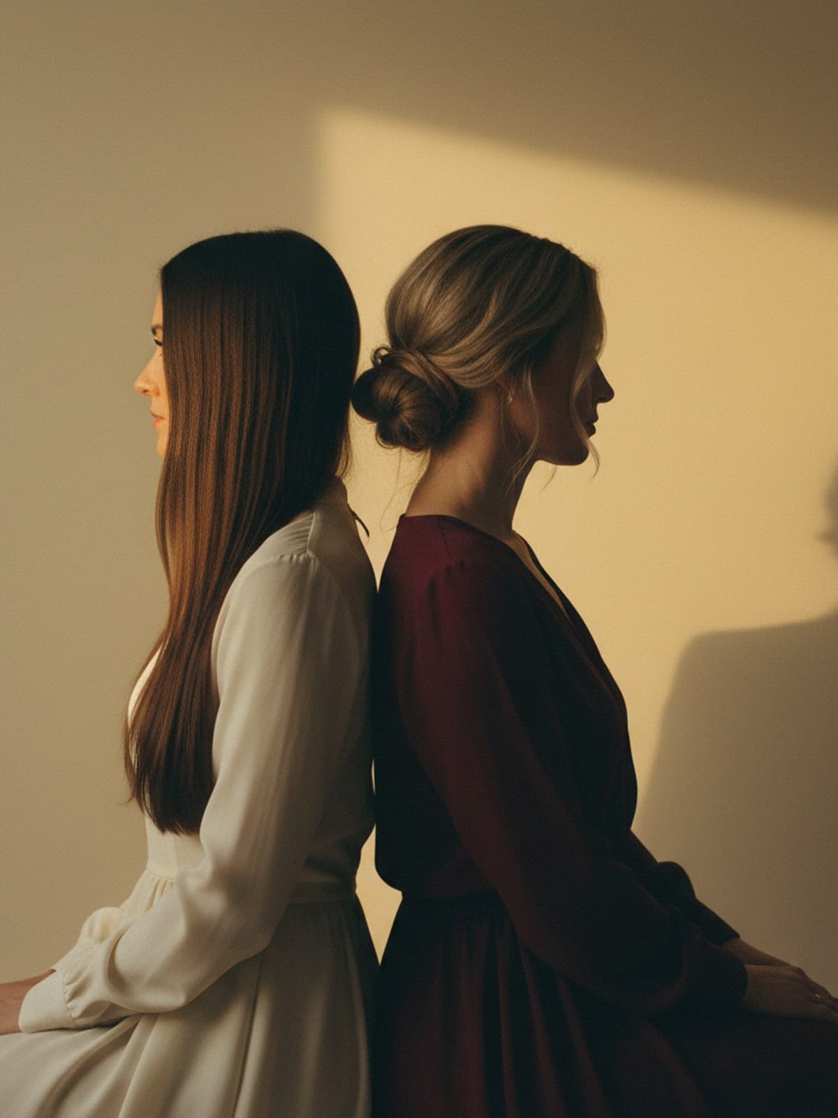 Two women standing back to back, a stand-in portrait for the pen name's two anonymous writers